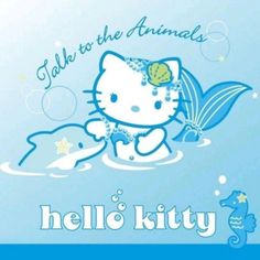 an image of hello kitty and dolphin in the water with bubbles on their heads, saying hello to the animals