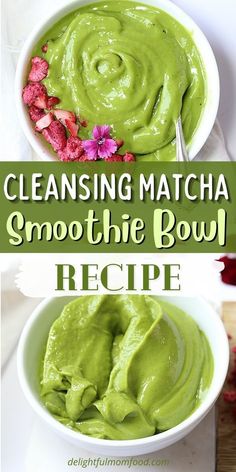 two bowls filled with green matcha smoothie bowl