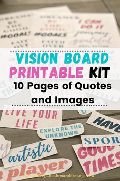 the vision board printable kit includes 10 pages of quotes and images to help you learn how to use them