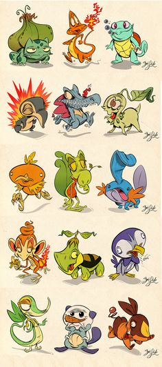 an old cartoon character sheet with different types of pokemons and their names on it