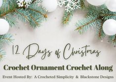 a christmas ornament with snowflakes on it and the words, 12 days of christmas crochet ornament crochet along