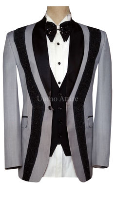 Designer Grey Tuxedo with Black Contrast Style Gray Formal Tuxedo, Gray Fitted Tuxedo For Formal Occasions, Gray Fitted Formal Tuxedo, Gray Notch Lapel Tuxedo For Wedding, Elegant Gray Blazer For Wedding, Elegant Gray Wedding Blazer, Luxury Black Tuxedo For Groom, Fitted Gray Tuxedo For Groom, Gray Tuxedo