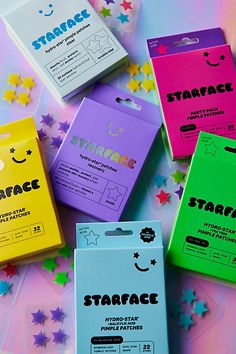 Keep pimples at bay with the help of Starface’s Hydro-Star Pimple Patches. These hydrocolloid pimple patches shield problem spots from outside bacteria and serve as a gentle reminder to avoid skin picking. Features Starface Hydro-Star Hydrocolloid Pimple Patches Star shaped pimple patches help protect from outside bacteria Acts a reminder to reduce your skin picking Available in a range of colors - go bold with playful hues or choose neutral & clear tones to discreetly wear on-the-go Formulated Star Face Skincare, Good Pimple Patches, Self Care Things To Buy, Pimples Patch, Starface Skincare, Star Face Pimple Patches, Pimple Patches Aesthetic, Cute Pimple Patches, Starface Pimple Patches