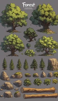 a bunch of different trees and rocks on a gray background with the words forest written in white