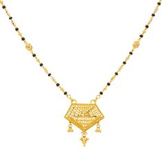 This traditionally designed 22k gold mangalsutra necklace with black and gold bead will be the perfect addition to your post matromonial looks. Features: • 22k yellow gold • Black beads • Filigree details • Hook-in-eye closure Whether you're attending a special event, getting married, or you want to dress up your everyday attire, our 22K gold chain Mangalsutra necklaces are the perfect addition to your wardrobe. The black beads and complementing gold make these pieces elegantly subtle and easy t Gold Necklace With Black Beads For Puja, Festive Black Necklace In 22k Gold, Traditional Gold Necklace With Black Beads, Black Necklace With Intricate Design For Festivals, Black Intricate Design Necklace For Festivals, Traditional Yellow Gold Jewelry With Black Beads, Festive Gold Necklace With Black Beads, Festive Gold Necklaces With Black Beads, Black Necklaces With Intricate Design For Festivals