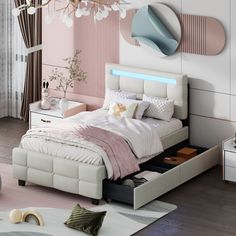 a bedroom with pink walls and white furniture