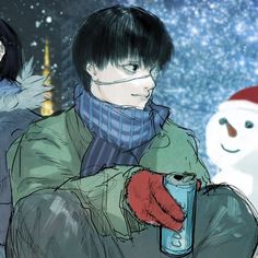 a man holding a drink next to a snowman