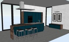 a 3d rendering of a kitchen with bar stools