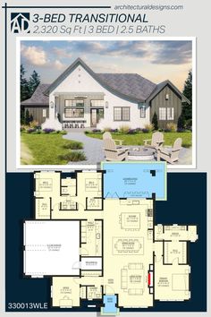 the floor plan for a 3 bedroom, 2 bath house with an attached porch and covered patio