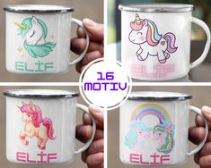 four different images of unicorn mugs with the words e l f m y on them