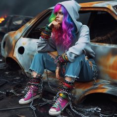 a woman with colorful hair sitting on the ground next to a rusted out car