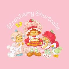 the strawberry shortcakes are holding a cake and two other children's toys