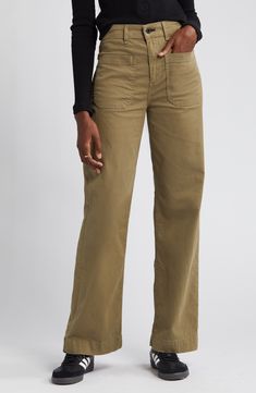 Wide legs and roomy utility pockets play up the casual appeal of these versatile and soft cotton-blend twill pants. 30 1/2" inseam; 20" leg opening; 12" front rise; 15" back rise (size 29) 98% cotton, 2% polyurethane Machine wash, line dry Made in the USA Full-length Cotton Cargo Jeans For Fall, Full Length Cotton Cargo Jeans For Fall, Khaki High-waisted Cotton Cargo Jeans, Khaki High-waisted Cargo Jeans, Elevated Casual Wide Leg Cargo Bottoms, Utility Wide Leg Cargo Pants For Elevated Casual Wear, Spring Utility Wide Leg Chinos, Full-length Cotton Cargo Jeans For Work, Khaki Cotton Wide Leg Pants For Fall