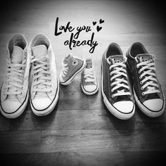 four pairs of sneakers with the words love you already written in black and white on them