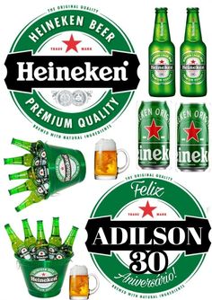 heineken beer bottles and mugs are shown in this graphic art workbook