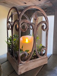 a candle that is sitting inside of a metal cage with plants in it and some rocks on the ground