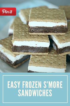 easy frozen s'more sandwiches on a plate with text overlay that reads, pin it