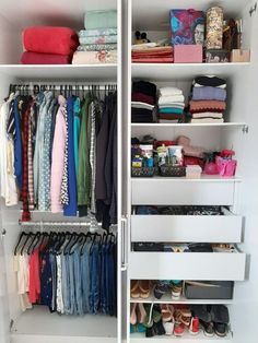 an organized closet with clothes, shoes and other items in it's storage area