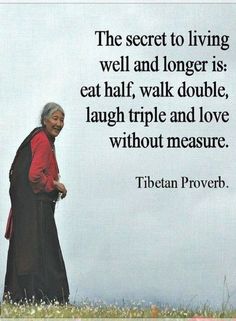 an old woman standing on top of a grass covered field with a quote from tibetan prove