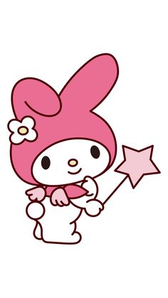 a cartoon character holding a star with pink hair and a flower on her head, in front of a white background