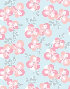 pink and gray flowers are on a light blue background, with small white dots in the middle