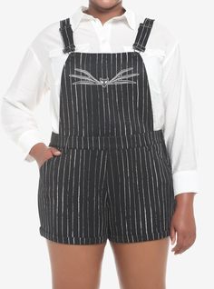 What's this? What's this? You and these shortalls were simply meant to be. Step into Halloween Town in style with these shortalls from The Nightmare Before Christmas  featuring Jack's signature pinstripes all over and his bat bow at the center bib area. Comes with adjustable overall buckle straps and pockets.80% polyester; 18% rayon; 2% spandexWash cold; dry lowAdjustable strapsImported Were Simply Meant To Be, Bat Bow, Simply Meant To Be, The Nightmare Before Christmas Jack, Denim Overalls Shorts, Nightmare Before Christmas Jack, Plus Size Fits, The Nightmare Before Christmas, The Nightmare