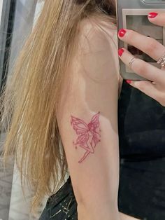 Fairy Tattoo Placement, Red Fairy Tattoo, Tattoo Brazo Mujer, Red Tattoo Aesthetic, Colorful Tattoo, Small Hand Tattoos, Fairy Tattoo, Subtle Tattoos, Nature Tattoos