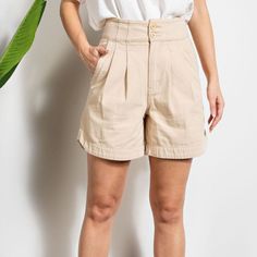 Soft Twill Bermuda Short Pants -Featured In A High Waist -Double Button Closure -4 Pockets -Rounded Hemline Workwear Bottoms With Buttons In Short Length, Short Length Bottoms With Buttons For Work, Beige Relaxed Fit Bottoms With Button Closure, Casual Workwear Shorts With Button Closure, Casual Wide Leg Shorts With Buttons, Beige Bottoms With Button Cuffs For Summer, Short Cotton Pants With Button Closure, Summer Cotton Pants With Button Zip Fly, Short Cotton Bottoms With Buttons