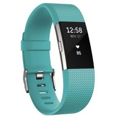 the fitbit smart wristband is shown in blue and has an electronic display on it