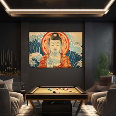 a living room with a pool table, couches and paintings on the wall above it