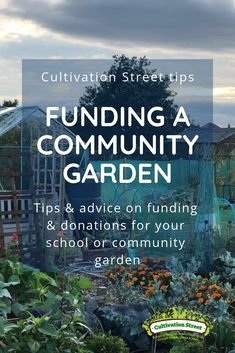 a garden filled with lots of plants next to the words, funding a community garden tips and advice for your school or community garden