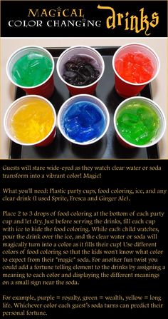 the instructions for how to make colorful drinks with water and food colorings on them