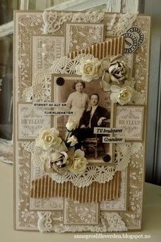 a card with some flowers on it and an old fashioned photo in the middle,