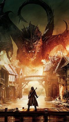 a man standing on top of a bridge in front of a dragon and fire filled sky