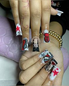 Short Red Birthday Nails, Red Bape Nails, Red And Black Duck Nails, Red Junk Nails, Nails Duck, Y2k Nail, Curved Nails, Purple Acrylic Nails, Sunflower Nails