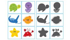 four different sea animals are shown in this printable puzzle game for toddlers to play with