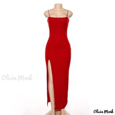 Olivia Mark - Sleeveless Slim-Fit Backless Elegant Split Dress with Strappy Neckline Red Sleeveless Tie-back Backless Dress, Casual Red Sleeveless V-neck Dress, Red Stretch V-neck Maxi Dress, Suspenders Skirt, Red S, Split Dress, Suspenders, Olivia Mark, Sleeve Type