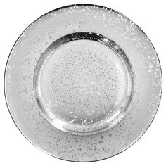 an empty white plate with silver speckles on the rim, isolated against a white background