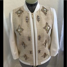 Ted Baker Jacket Embellished With Crystals And Metal Beads. Worn Twice Only. Dress It Up Or Wear With Jeans. Embellished Gold Outerwear For Spring, Spring Embellished Gold Outerwear, Gold Embellished Outerwear For Spring, Ted Baker Jacket, Ted Baker London, Bomber Jackets, Metal Beads, Ted Baker, Bomber Jacket