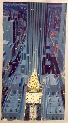 an illustration of a christmas tree in the middle of a large city with tall buildings