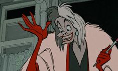 an animated woman with white hair and red gloves holding a toothbrush in her hand