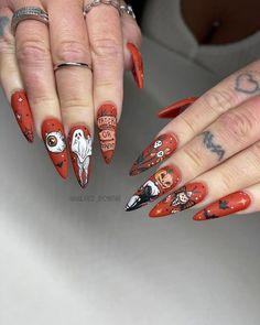 Spicy Nail Art, Witchcore Nails, Red Spooky Nails, Disco Nail Art, Hellowen Nails Art, Food Nails Designs, Poison Apple Nails, Vintage Halloween Nails, Summer Goth Nails