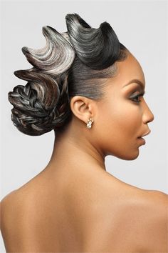 Dramatic Updo Hairstyles, High Fashion Updo Hairstyles, Black Woman Bridal Hair Updo, Fierce Updo Hairstyles, Burlesque Updo, French Roll Hairstyle For Black Women, Brown Haircuts, Updos For Black Women, Elegant Hairstyles For Black Women