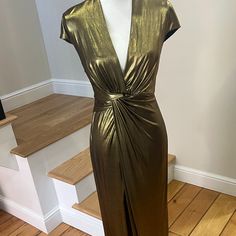 Never Worn With Tags! Halston Heritage Cap Sleeve Gold Gown In Size Small Great Dress With A Beautiful Plunge Neckline. Fitted Gold Maxi Dress For Cocktail, Elegant Fitted Gold Maxi Dress, Cap Sleeve Gown, Halston Heritage Dress, Gown Gold, Gold Gown, Halston Heritage, Plunge Neckline, Plunging Neckline