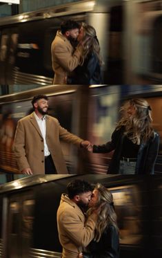 a man and woman kissing in front of an escalator