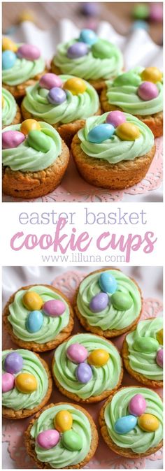 some cupcakes with green frosting and candy eggs on top are shown in this collage