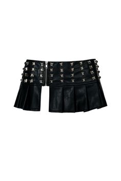 Fits true to size Micro skirt length Features silver oversized studs A staple layering piece Two Belts Outfit, Aesthetically Background, Black Y2k Skirt, Layered Belts, Goth Mini Skirt, Goth Skirts, Goth Skirt, Studded Skirt, Belt Skirt