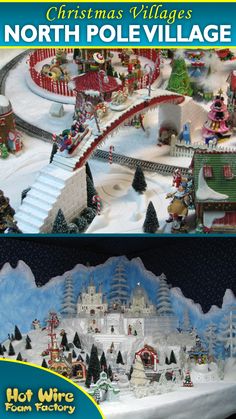 a christmas village is shown with snow on the ground and in front of it, there are