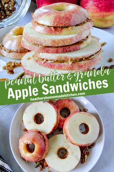 an apple sandwich is stacked on top of each other with apples and granola in the background