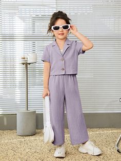 Purple Casual Collar   Plain  Embellished Non-Stretch  Young Girls Clothing Cotton Frocks For Kids, Daily Street Style, Frocks For Kids, Kids Wear Girls, Wide Leg Pant Suit, Baby Clothes Patterns, Baby Frocks Designs, Pants Suit, Kids Beachwear